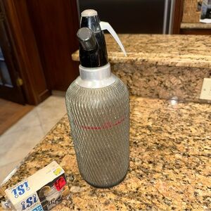 Austria vintage glass mesh wire seltzer soda bottle & box chargers ISI red line